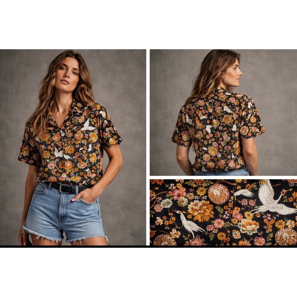 Naked & Famous Shirt Crane Floral Print Camp Collar Button Up L Japanese style
